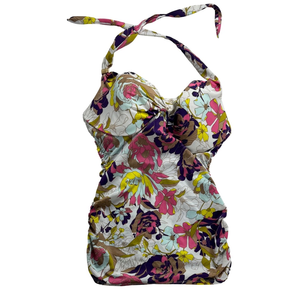 Victorias Secret Floral Halter Tankini Top Multi Color Ruched 34DD ID